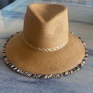 Eric Javits Braided Natural Straw Fedora with Black-and-Natural Fringed Trim